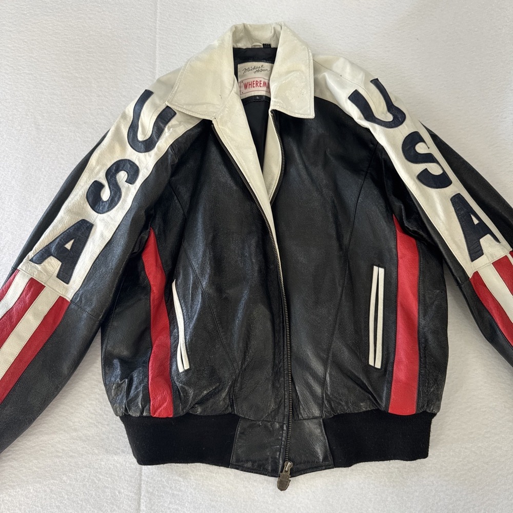 Michael Hoban WHEREMI USA Leather Jacket Flag Bomber Black Red White Men's- Sz L